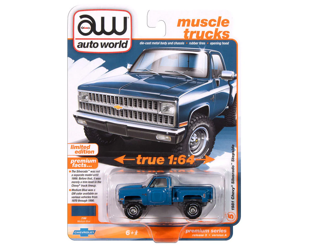 CHASE 1981 Chevrolet Silverado 10 Pickup Stepside 4x4 – Medium Blue (Premium 2024 Release 3) Diecast 1:64 Scale Model - Auto World AWSP179A - Image 3