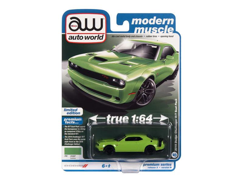 CHASE 2019 Dodge Challenger R/T Scat Pack - Sublime Green w/ Black Tail Stripe (Premium 2022 Release 3B) Diecast 1:64 Scale Model - Auto World AW64372B - Image 3